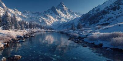 Majestic snow-covered mountain landscape with a tranquil river reflecting the clear blue sky during wintertime photo