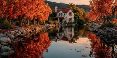 Reflective autumn scene with a quaint cottage surrounded by vibrant foliage near a calm pond photo