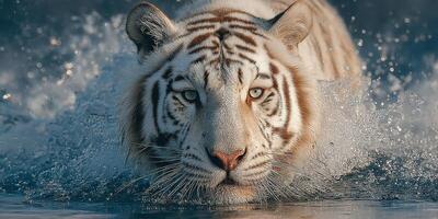 White tiger swims through water creating splashes in a serene habitat, showcasing its beauty and power in nature photo