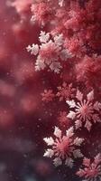 Snowflakes cascade softly against a deep red backdrop, creating a winter wonderland effect with delicate patterns photo