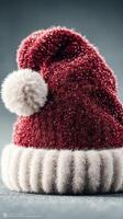 Red festive hat with a fluffy pom-pom displayed on a textured surface, perfect for holiday celebrations and winter festivities photo
