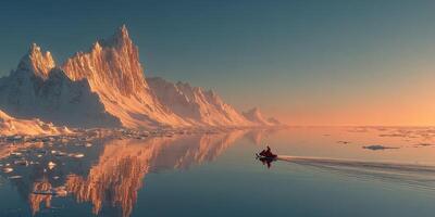 Snowy mountain reflection at dawn with a person on a jet ski gliding across the calm water in a serene Arctic landscape photo