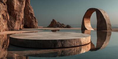 Artistic stone structures reflect in calm waters at the beach during early morning light photo