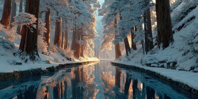Snow-covered forest reflecting in a tranquil river under soft morning light photo