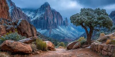 Majestic mountain landscape under a cloudy sky with snow-covered peaks in a serene national park setting photo