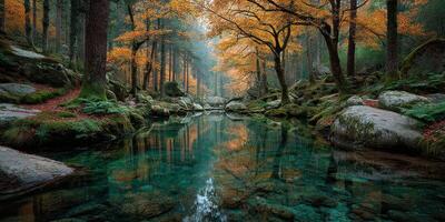 Autumn forest with vibrant orange leaves and tranquil water reflection in a serene natural setting photo