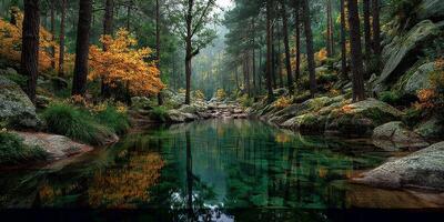 Autumn landscape with vibrant foliage reflecting in tranquil water by forest rocks photo