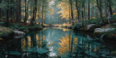 Tranquil forest scene with shimmering water and autumn leaves in a serene natural setting photo