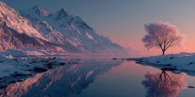 Winter landscape with snow-covered mountains and a solitary tree by a serene lake at dusk in a tranquil setting photo