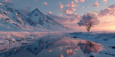 Serene winter landscape with mountains and a solitary tree at twilight photo
