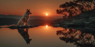 Dog watches sunset over calm water reflecting mountains and trees during twilight hours photo