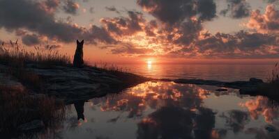 Silhouette of a dog sitting by the water during a vibrant sunset with colorful clouds reflecting on the surface photo