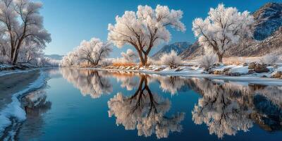Frozen river reflects frosty trees under a clear blue sky during winter in a tranquil landscape photo