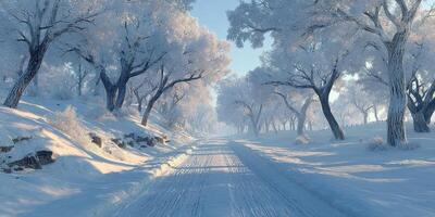 Winter landscape features a snow-covered road lined with frosty trees in a serene setting during daytime photo