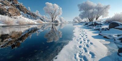 Winter landscape with snow-covered trees and frozen river reflecting the blue sky during daylight hours photo