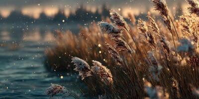Frosted grass tips illuminated by sunlight at a tranquil riverside during early morning hours photo