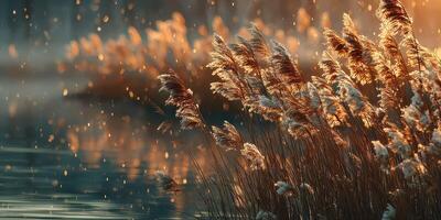 Golden sunlight illuminates reeds by the river in a tranquil setting during early morning hours photo