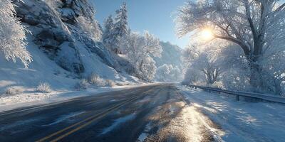 Winter landscape features a snowy road winding through frosted trees under a bright sun photo