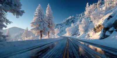 Snow-covered road winding through frosty trees in a winter landscape during clear blue skies photo
