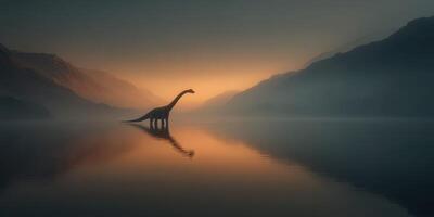 Serene twilight at the lake with a distant dinosaur silhouette amidst the misty mountains photo