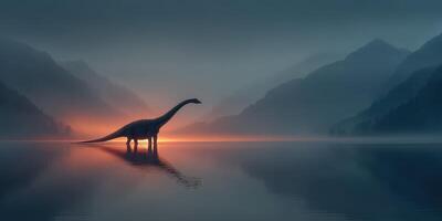 Dinosaur silhouette wades in tranquil lake at sunset with misty mountains in the background photo
