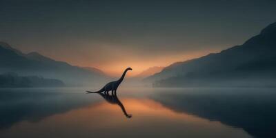 Dinosaur silhouette against a misty lake during sunset with mountains in the background and calm water reflections photo