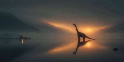 Silhouette of a dinosaur near lake at sunrise with misty hills in the background creating an ethereal atmosphere photo