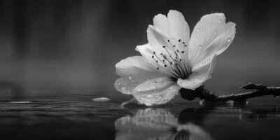 Elegant white flower with water droplets resting on calm surface in monochrome photo