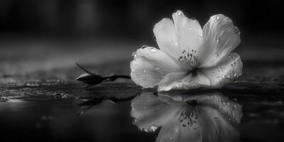 Delicate white flower resting on wet surface reflecting its beauty in black and white setting photo