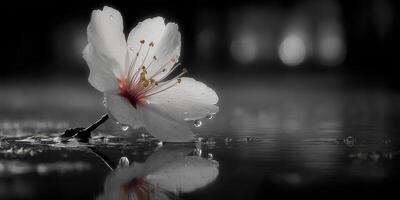 White cherry blossom resting on a wet surface with drops of water in a tranquil setting during a cloudy day photo