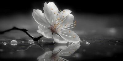 Delicate white flower with water droplets reflecting on a calm surface in a serene atmosphere photo