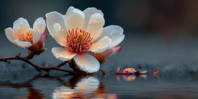 Water droplets rest on delicate white flowers floating gently on a calm lake during the early morning hours photo