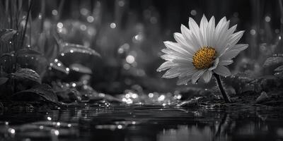 Daisy standing gracefully in a tranquil pond surrounded by greenery and softly glistening water droplets at dawn photo