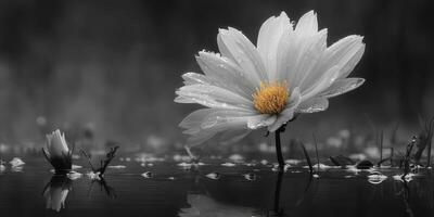 Delicate white flower with droplets in black and white background near calm water surface during a tranquil morning photo