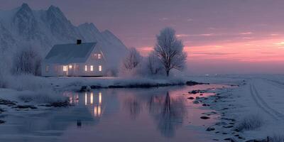 Tranquil winter evening that captures a cozy house by a serene lake at sunset near snowy mountains photo