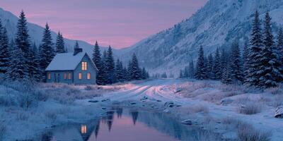 Snow-covered cabin by the river in a serene winter landscape at twilight photo