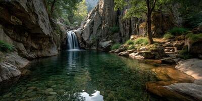Scenic waterfall cascades into clear pool surrounded by rocky cliffs and lush greenery in a tranquil natural setting photo