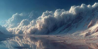 Majestic mountain landscape with clouds reflecting on calm water during sunrise in a remote area photo