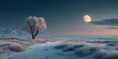 Winter landscape features a solitary tree under a full moon casting serene light over a snow-covered terrain at dusk photo