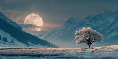 Moonlit landscape featuring a solitary tree amidst snow-covered mountains during twilight hours photo