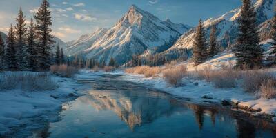 Snowy mountain landscape with river and trees reflecting during golden hour near a peaceful wilderness area photo