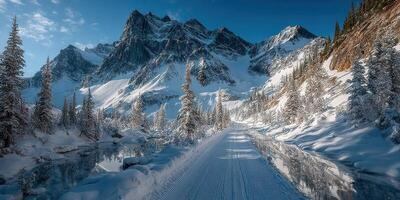 Snowy mountain landscape with a reflective river and pine trees under a blue sky in winter photo