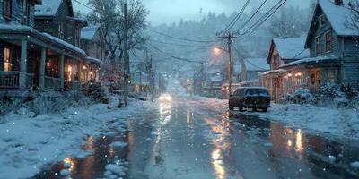 Snow covers a quiet street in a small town creating a serene winter atmosphere at dusk photo