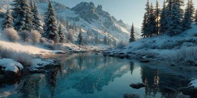 Winter landscape with snowy mountains and reflective river in serene morning light photo