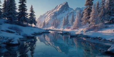 Snowy mountain landscape at dawn reflecting in a tranquil river with evergreen trees surrounding the scene photo