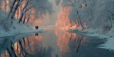 Couple walking along a tranquil river surrounded by snowy trees at dusk in winter photo