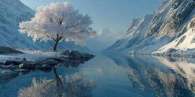 Winter landscape featuring a snow-covered tree beside a serene lake with mountains in the background photo