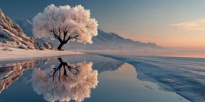 Majestic sunrise over a tranquil frozen lake with a solitary tree and distant mountains in winter photo