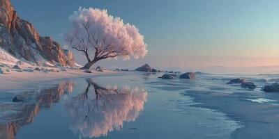 Winter tree by the water reflected in calm lake at dawn with soft colors and serene atmosphere photo
