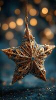 Decorative star ornament hangs against a backdrop of soft glowing lights during a festive celebration photo